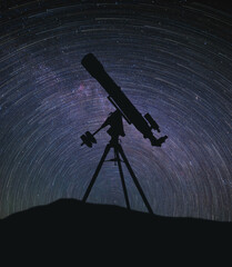 Silhouette of a telescope and the rotation of our planet 