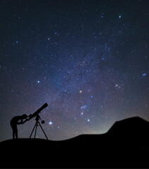 Silhouette of a telescope and a man watching the constellation Orion. 