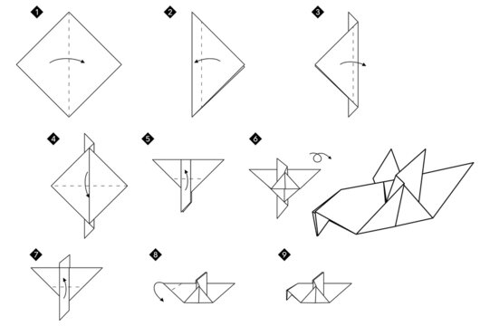 Step by step instructions how to make origami bird. Simple monochrome black line DIY tutorial isolated on white.
