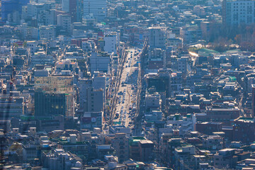 Cityscape of Seoul, South Korea from the top of mountain in the daytime