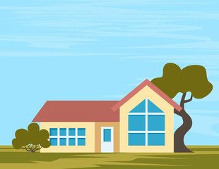 Obraz na płótnie Canvas Suburban American house exterior front view and some trees. private house, cottage, vector Illustration.