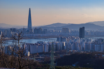 Cityscape of Seoul, South Korea from the top of mountain in the daytime