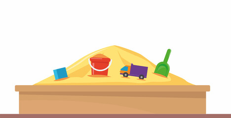 Sandbox with pile of sand and children toys in flat style. Sandpit with kids shovel, bucket and car on pile of yellow powder. Vector illustration. © Alena