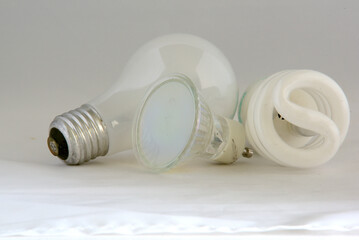 Three types of household lightbulbs.