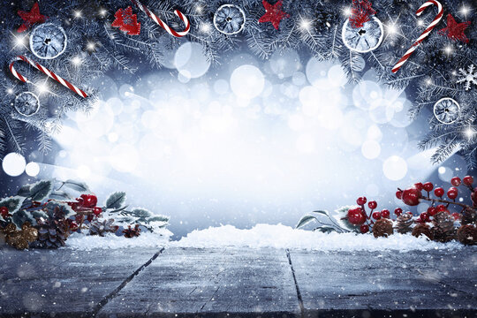 Christmas holidays scenic background with wooden table and christmas decoration.