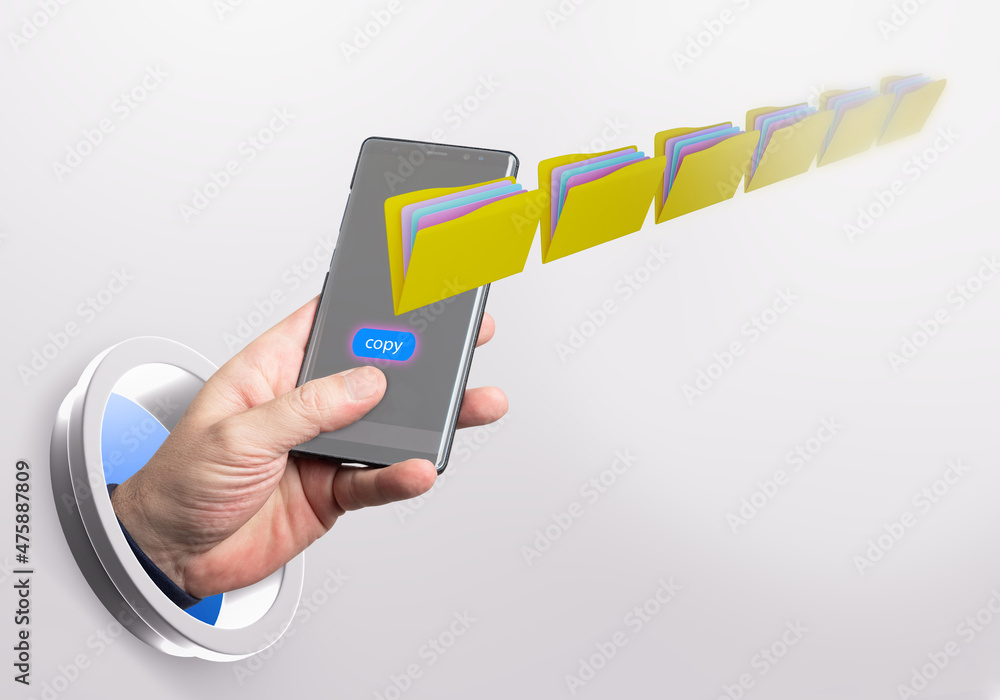 Poster data backup. copy of information to mobile phone. yellow folders next to smartphone. concept - backu