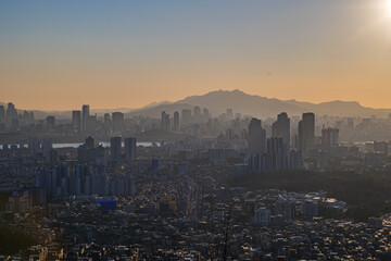 Cityscape of Seoul, South Korea from the top of mountain in the daytime