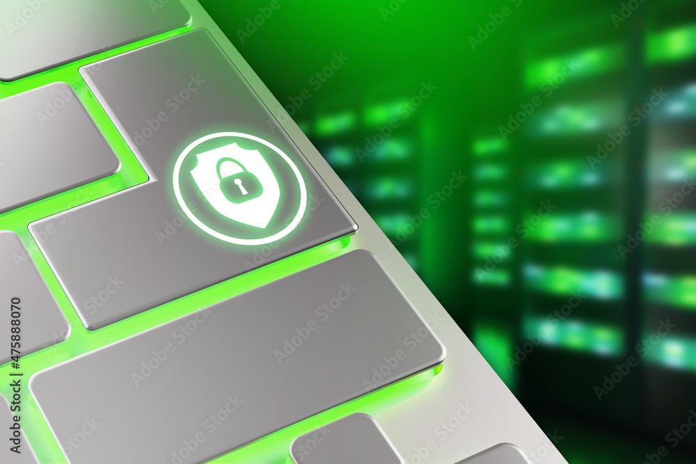 Poster button security symbol. it security background. data protection software concept. padlock on keyboar