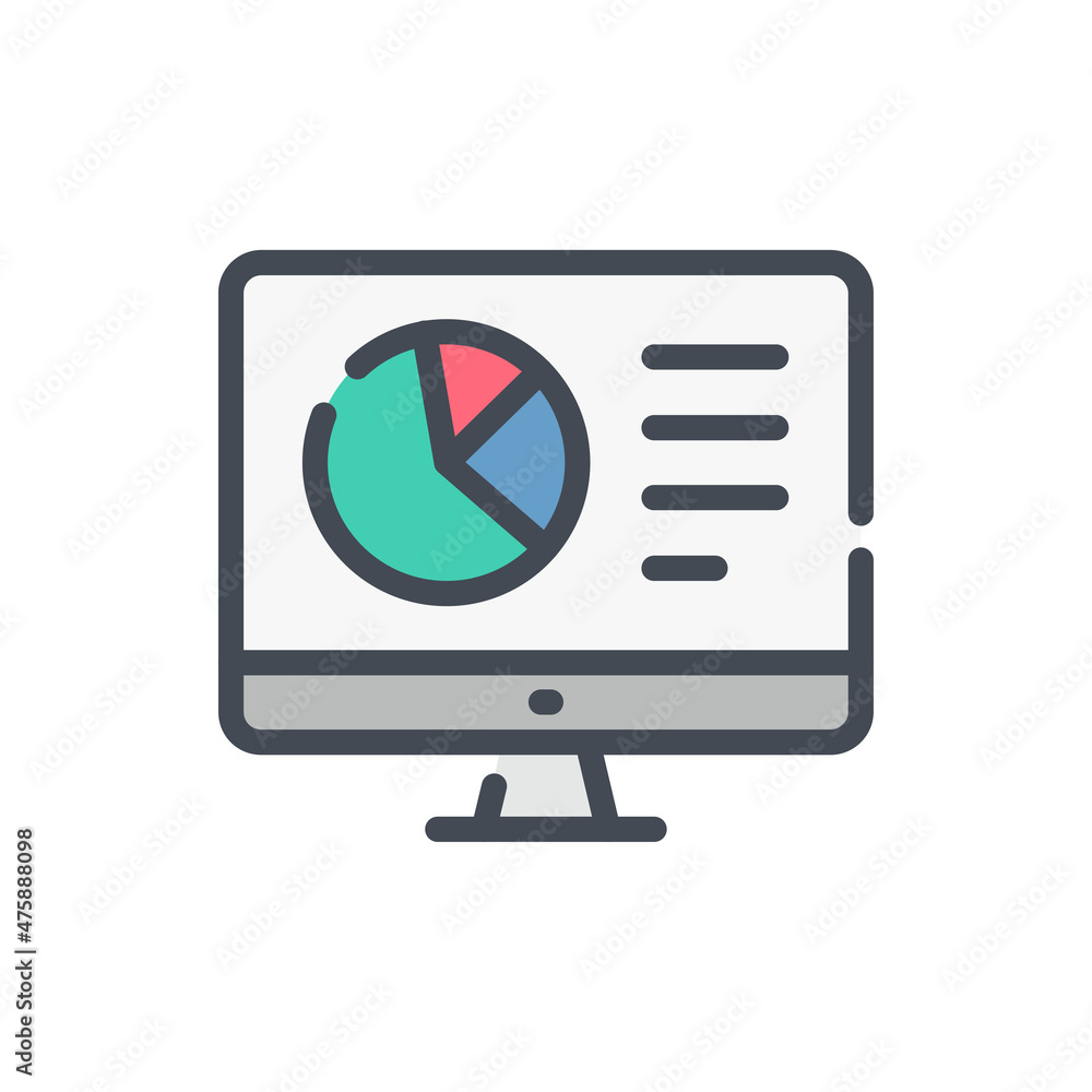 Poster computer with pie chart color line icon. pc with online statistics and analytics vector outline colo