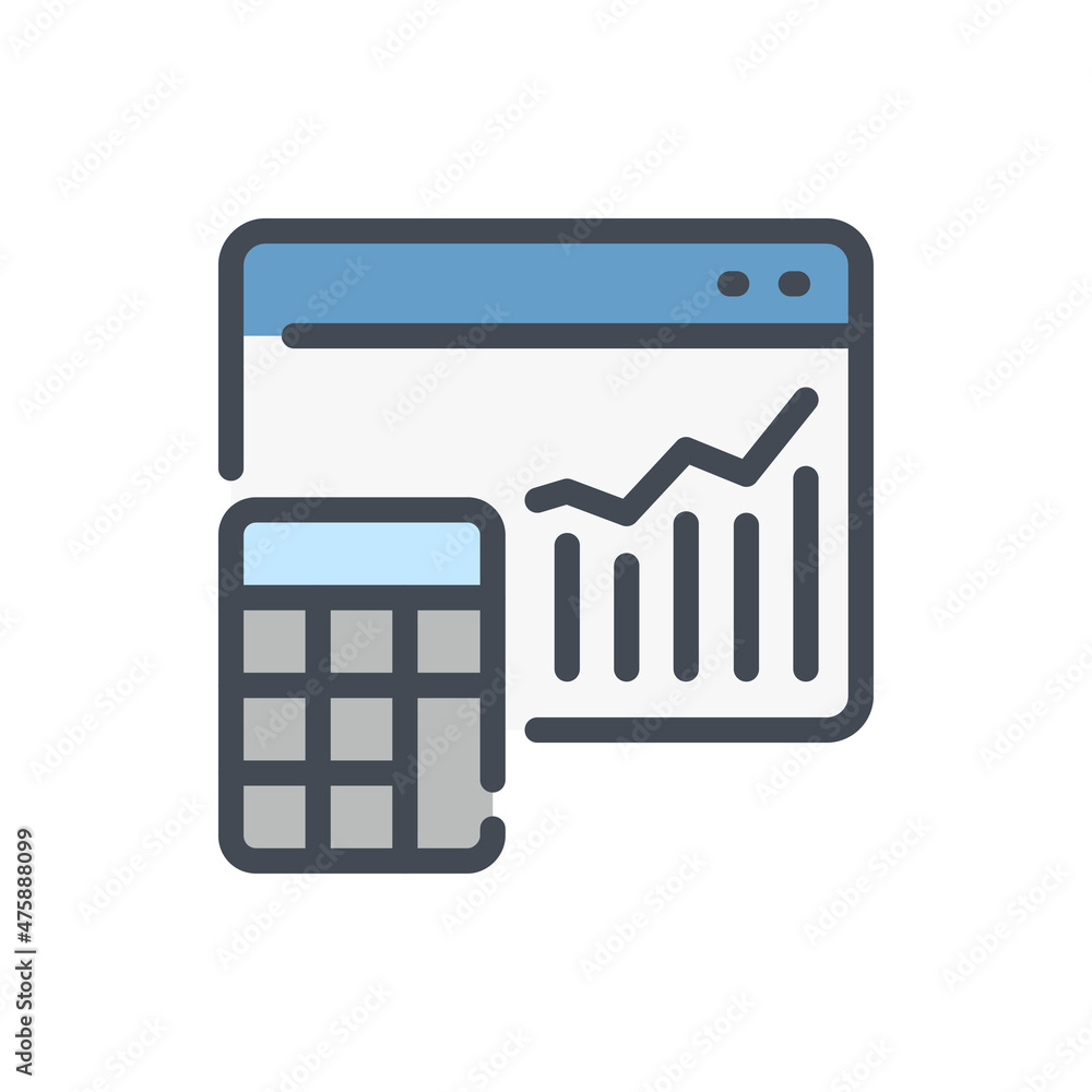 Poster online calculation color line icon. website with calculator and statistics report vector outline col