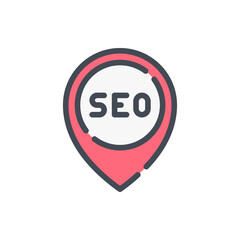 Location pin with SEO color line icon. Local search engine optimization vector outline colorful sign.