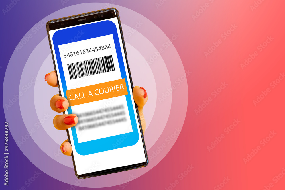 Poster call to courier. calling delivery man through mobile application. modern telephone with courier webs