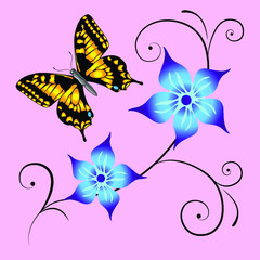 Beautiful ornamental element with a yellow butterfly. Vector illustration on a pink background.

