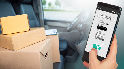 Courier phone in car. Auto courier with cardboard boxes. Courier app concept. Delivery service application in mobile phone. Information about addressee of parcel in cellphone. Delivery Apps