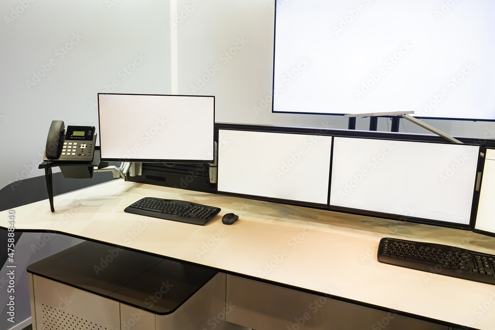 Poster mockup of monitors in control room. many monitors with blank display. security point for cctv camera