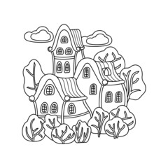 Cityscape for coloring book page. Funny Fairy houses and trees .