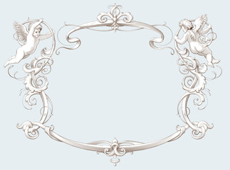 Elegant vintage border frame with cupids for weddings, Valentine`s day and other holidays. Decorative element in the style of vintage engraving with Baroque ornament. Hand drawn vector illustration. - obrazy, fototapety, plakaty