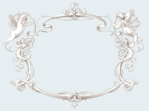 Elegant vintage border frame with cupids for weddings, Valentine`s day and other holidays. Decorative element in the style of vintage engraving with Baroque ornament. Hand drawn vector illustration.