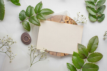 mockup card with plants. invitation card with environment Mockup with postcard 