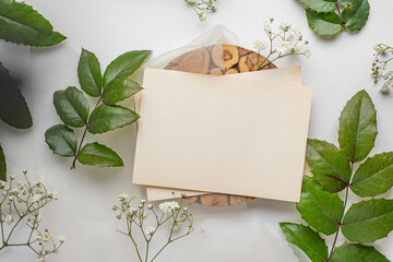 mockup card with plants. invitation card with environment Mockup with postcard 