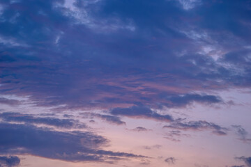 Beautiful view of sky with clouds at sunrise. Partly cloudy. Colorful sunset. Natural blue sky background texture, beautiful color.