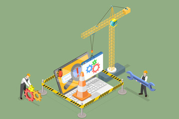 3D Isometric Flat Vector Conceptual Illustration of Maintenance Page, Website Under Construction - obrazy, fototapety, plakaty