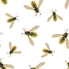 Seamless bee pattern isolated on white background. Flat vector illustration with insects.