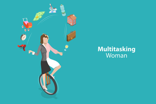 3D Isometric Flat Vector Conceptual Illustration of Multitasking Woman, Efficient Time Management