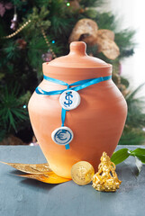 Wealth vase with feng shui symbols