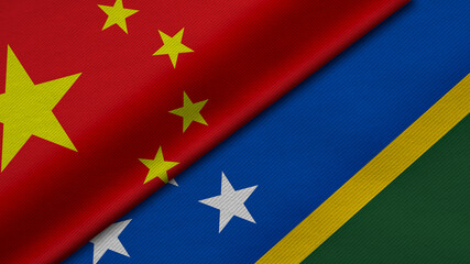 3D Rendering of two flags from China and Solomon Islands together with fabric texture, bilateral relations, peace and conflict between countries, great for background