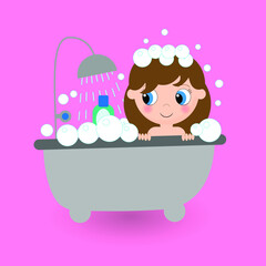 Сute girl takes a bath. Сute girl washes her hair with shampoo.