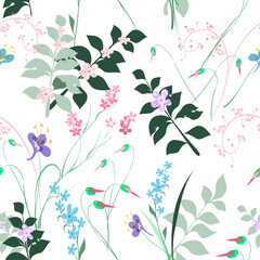Vector floral seamless branch pattern, a bouquet of decorative wildflowers in pastel colors on a transparent background for the design of textile, fabric, wrapping paper, wallpaper, gift wrapping.