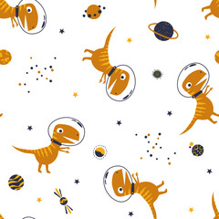 Dinosaur in space. Hand-drawn simple flat pattern on a white background. Vector background.