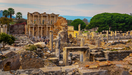 EPHESUS, TURKEY: Celsius Library in ancient city Ephesus. Most visited ancient city in Turkey.