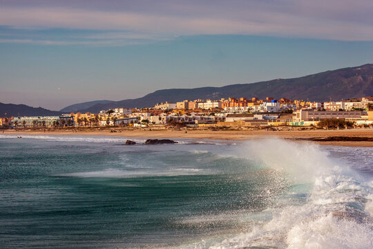 Levant wind making waves in ocean, Balneario, Tarifa, Cadiz, Andalusia, Spain