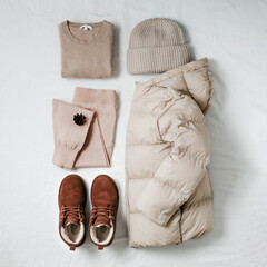Women warm puffer light down jacket, beige cashmere sweater, pink knitted joggers, knitted bini...