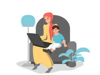 Flat drawing of a woman in a hijab with a child at her laptop. Watching educational videos and cartoons online, socializing, lessons and games online, video conferencing. Vector illustration.
