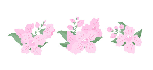 Fototapeta na wymiar Three sprigs of flowers (Chitalpa tashkentensis) on a white background, flat illustration. A set of simple small delicate bouquets for your design. Flat cartoon vector illustration.