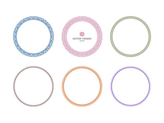 Set of round frames with traditional folk elements of embroidery. Decorative cross-stitch with stylized flowers on a white background. Stock illustration - eps10 vector.