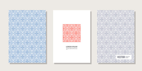 A set of three neutral posters with an seamless texture in a strict geometric folk style. Vector illustration on white background.