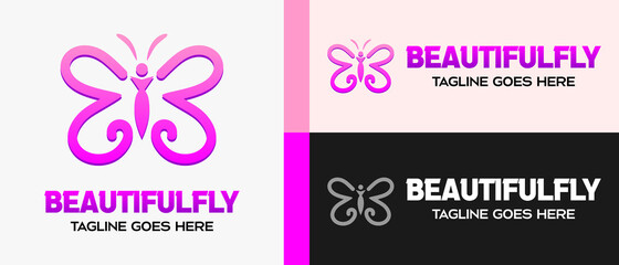 pink color butterfly logo design template in luxury lines. vector illustration