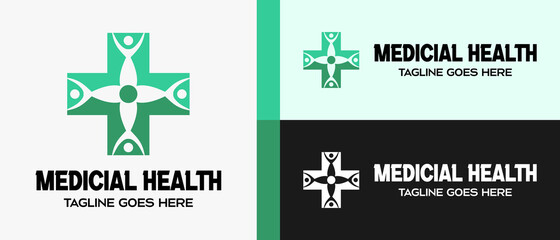 cross logo design template or plus sign with a flower shape 4 person icon. logo for medical health. vector illustration
