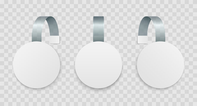 Advertising wobbler label. White round wobbler template. Supermarket shelf price label or sales point tag. Empty 3d promotional tags. Discount plastic tags. Vector illustration.