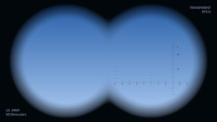 View through binoculars. Realistic vector template with transparent layer. Blurred frame with an actual graduated reticle scale. Wide optical field of view. Blue sky in sight