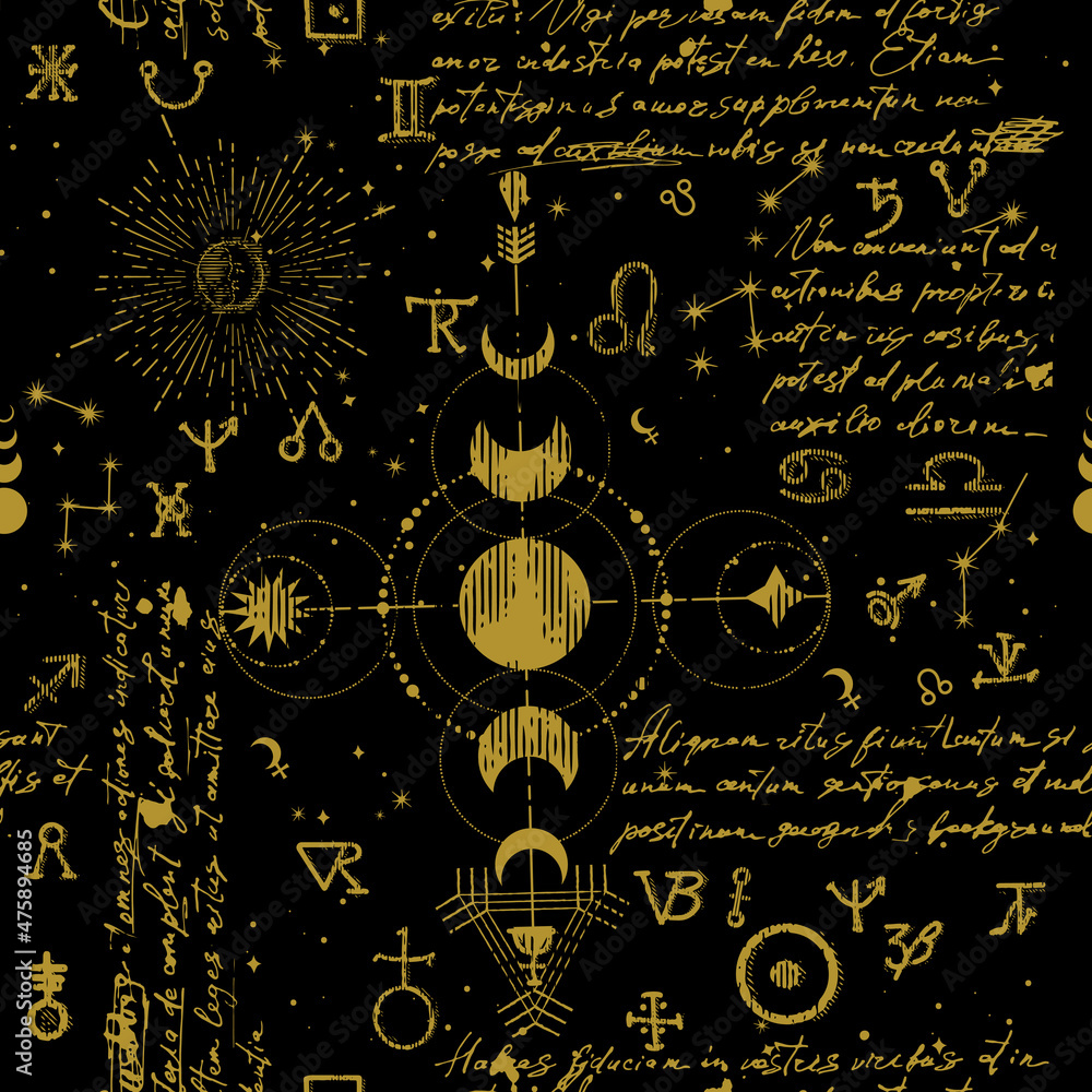 Wall mural seamless esoteric pattern. astrological, magical and esoteric symbols. background from a manuscript 
