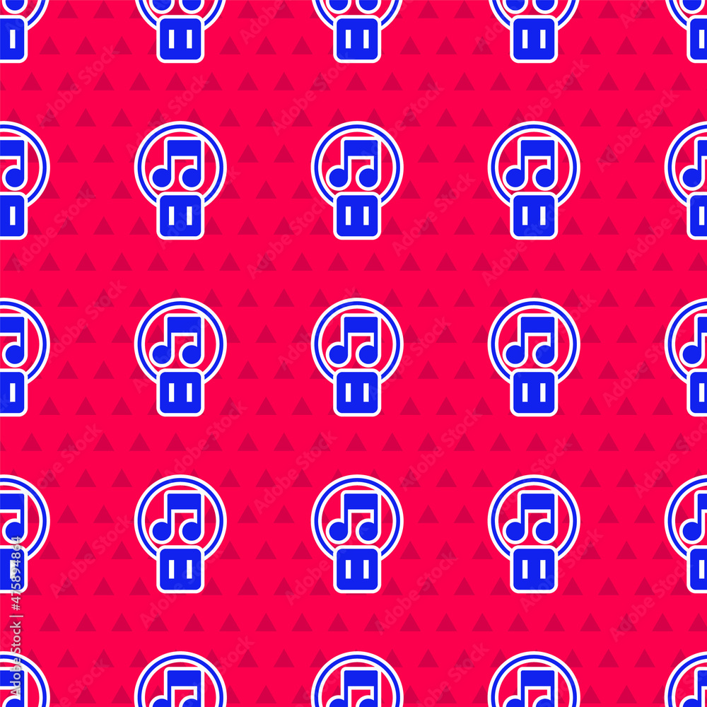 Poster blue pause button icon isolated seamless pattern on red background. vector