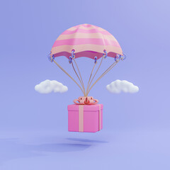 3d illustration flying gift box with parachute and clouds - obrazy, fototapety, plakaty