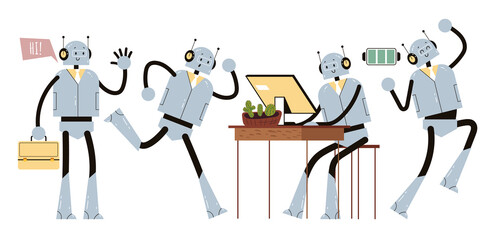 Office worker robot character in different scene and pose. Vector flat cartoon graphic design isolated set