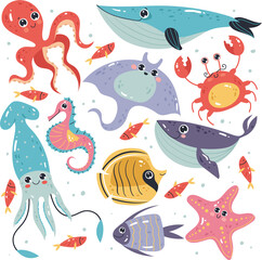 Sea Life Tiere Charaktere handgezeichnetes Stilkonzept. Vektor flaches Cartoon-Grafikdesign isoliert Set