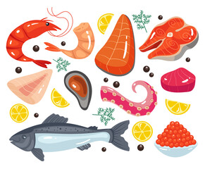 Slice cut of sea marine food meal concept. Vector flat cartoon graphic design isolated set